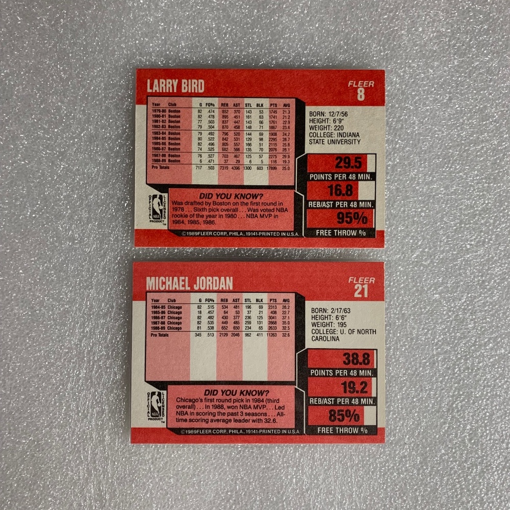 VINTAGE MICHAEL JORDAN + LARRY BIRD BASKETBALL CARDS - 1989 FLEER (AUTHENTIC) - Picture 3 of 3